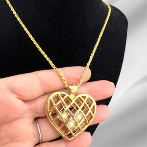 Avon Vintage Heart Necklace Pendant Antiqued Gold Caged Pearl Signed 1980s